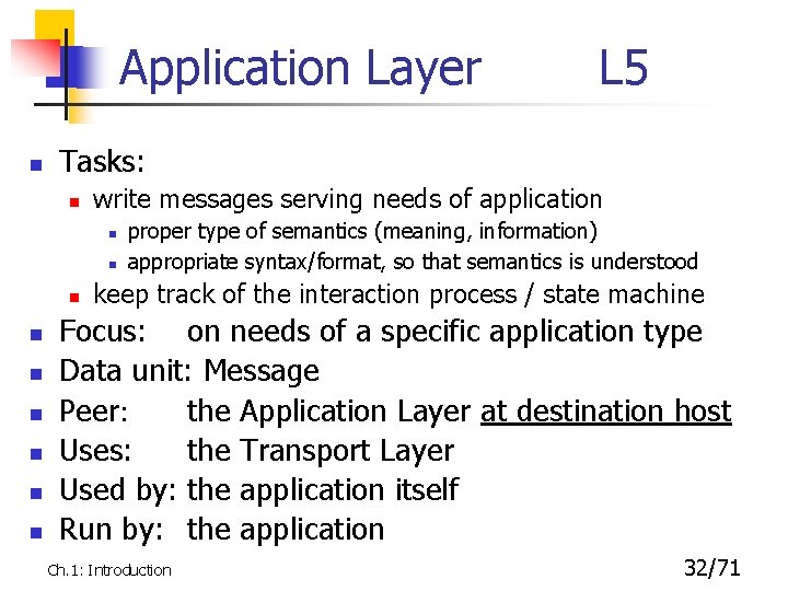 Application Layer n Tasks: n write messages serving needs of application n n n