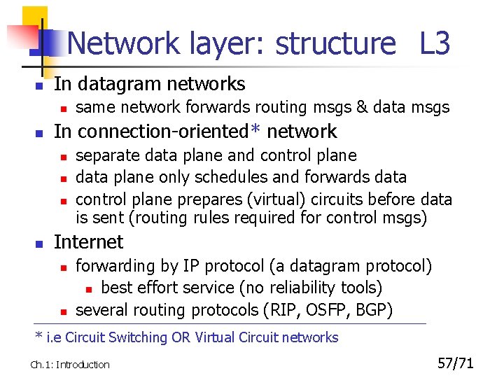 Network layer: structure L 3 n In datagram networks n n In connection-oriented* network