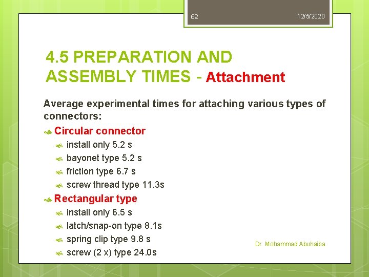 62 12/5/2020 4. 5 PREPARATION AND ASSEMBLY TIMES - Attachment Average experimental times for 62 12/5/2020 4. 5 PREPARATION AND ASSEMBLY TIMES - Attachment Average experimental times for