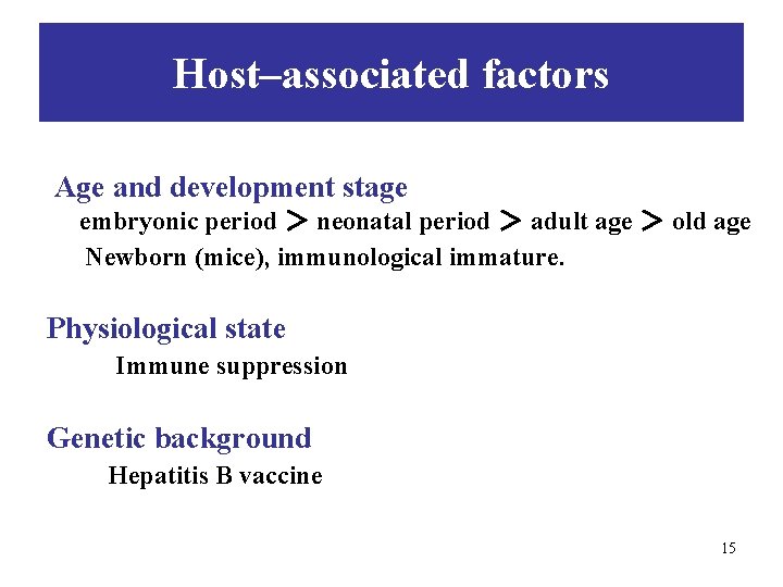 Host–associated factors Age and development stage embryonic period ＞ neonatal period ＞ adult age