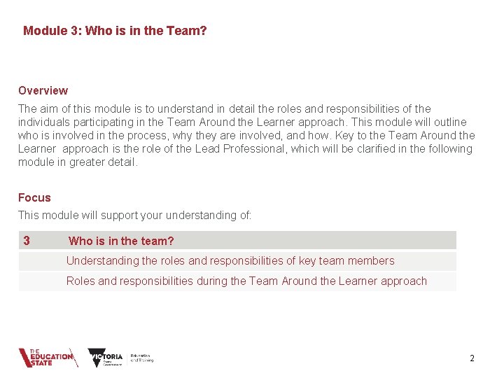 Module 3: Who is in the Team? Overview The aim of this module is