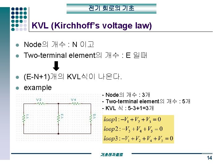 전기 회로의 기초 KVL (Kirchhoff’s voltage law) l l Node의 개수 : N 이고