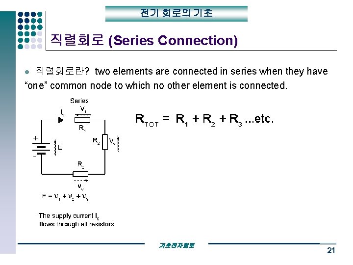 전기 회로의 기초 직렬회로 (Series Connection) 직렬회로란? two elements are connected in series when