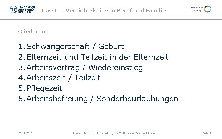 Passt! – Vereinbarkeit von Beruf und Familie Gliederung 1. Schwangerschaft / Geburt 2. Elternzeit