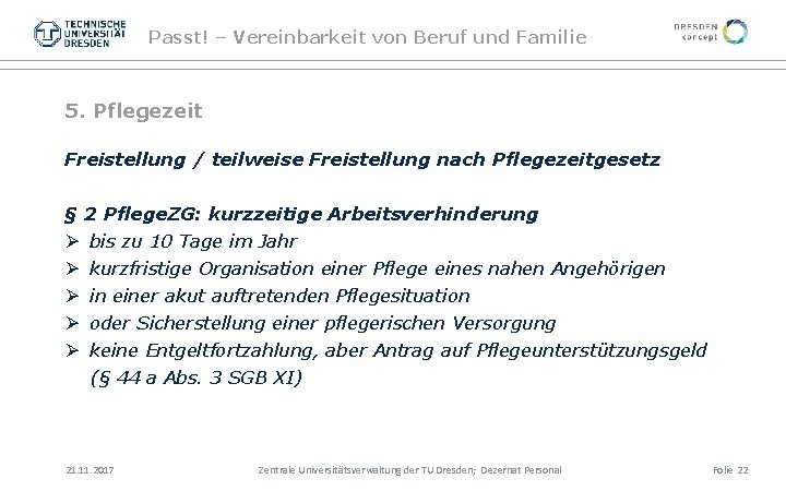 Passt! – Vereinbarkeit von Beruf und Familie 5. Pflegezeit Freistellung / teilweise Freistellung nach