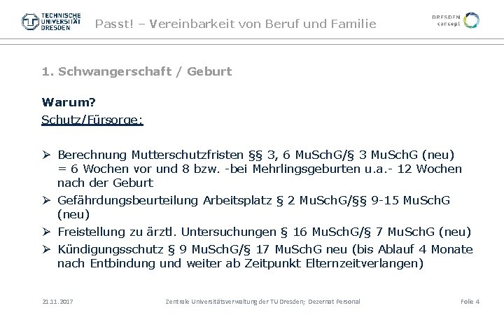 Passt! – Vereinbarkeit von Beruf und Familie 1. Schwangerschaft / Geburt Warum? Schutz/Fürsorge: Ø