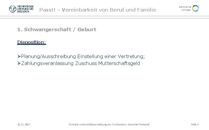 Passt! – Vereinbarkeit von Beruf und Familie 1. Schwangerschaft / Geburt Disposition: ØPlanung/Ausschreibung Einstellung