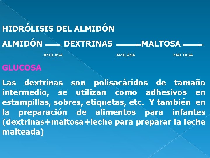 HIDRÓLISIS DEL ALMIDÓN DEXTRINAS AMILASA MALTOSA AMILASA MALTASA GLUCOSA Las dextrinas son polisacáridos de