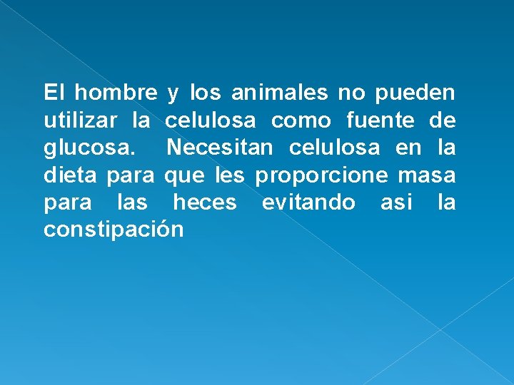 El hombre y los animales no pueden utilizar la celulosa como fuente de glucosa.