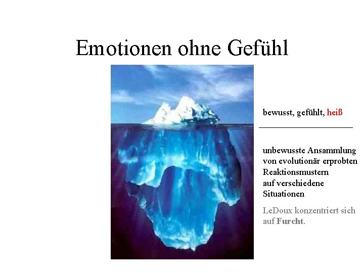 Emotionen ohne Gefühl bewusst, gefühlt, heiß unbewusste Ansammlung von evolutionär erprobten Reaktionsmustern auf verschiedene