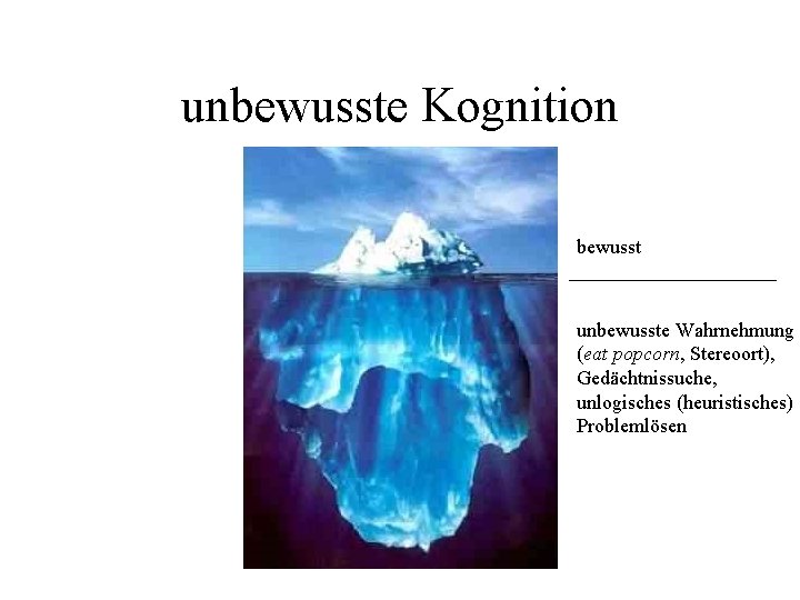 unbewusste Kognition bewusst unbewusste Wahrnehmung (eat popcorn, Stereoort), Gedächtnissuche, unlogisches (heuristisches) Problemlösen 