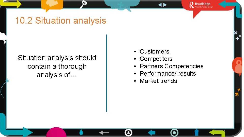 10. 2 Situation analysis should contain a thorough analysis of… • • • Customers