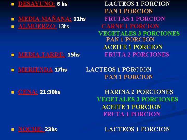 n DESAYUNO: 8 hs LACTEOS 1 PORCION PAN 1 PORCION FRUTAS 1 PORCION CARNE
