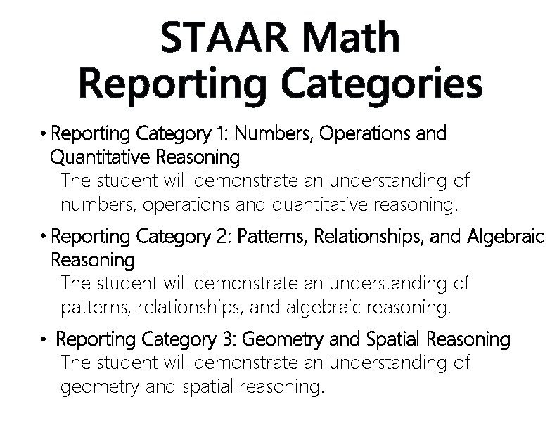 STAAR Math Reporting Categories • Reporting Category 1: Numbers, Operations and Quantitative Reasoning The