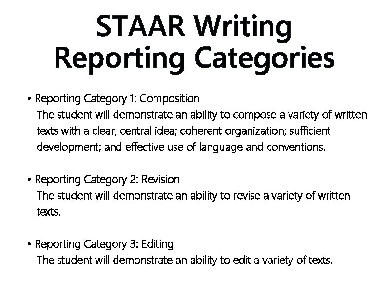 STAAR Writing Reporting Categories • Reporting Category 1: Composition The student will demonstrate an