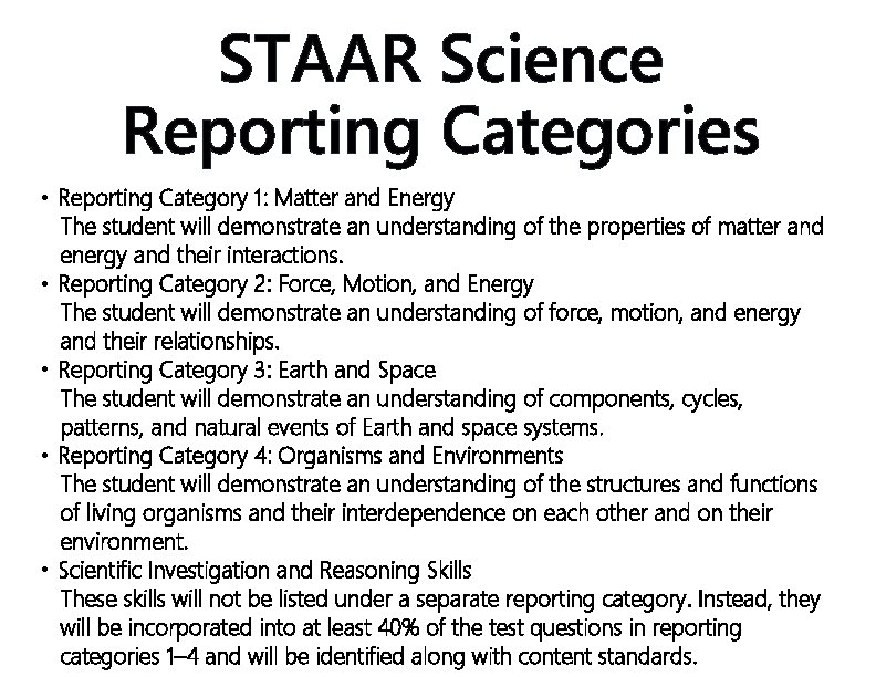 STAAR Science Reporting Categories • Reporting Category 1: Matter and Energy The student will