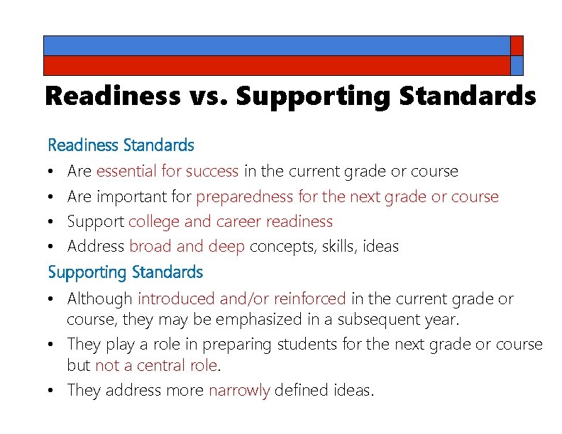 Readiness vs. Supporting Standards Readiness Standards • Are essential for success in the current