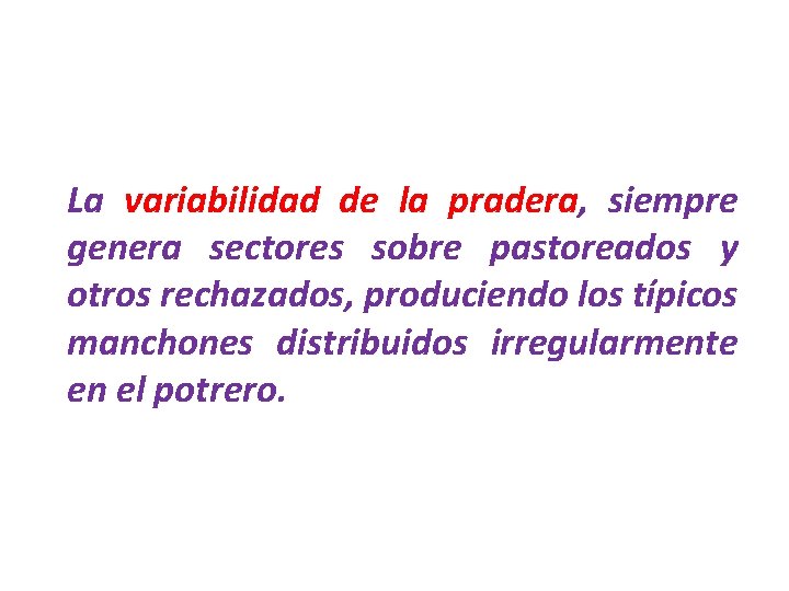 La variabilidad de la pradera, siempre genera sectores sobre pastoreados y otros rechazados, produciendo