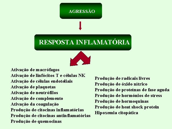 AGRESSÃO RESPOSTA INFLAMATÓRIA Ativação de macrófagos Ativação de linfócitos T e células NK Ativação