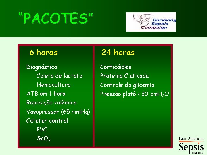 “PACOTES” 6 horas Diagnóstico 24 horas Corticóides Coleta de lactato Proteína C ativada Hemocultura