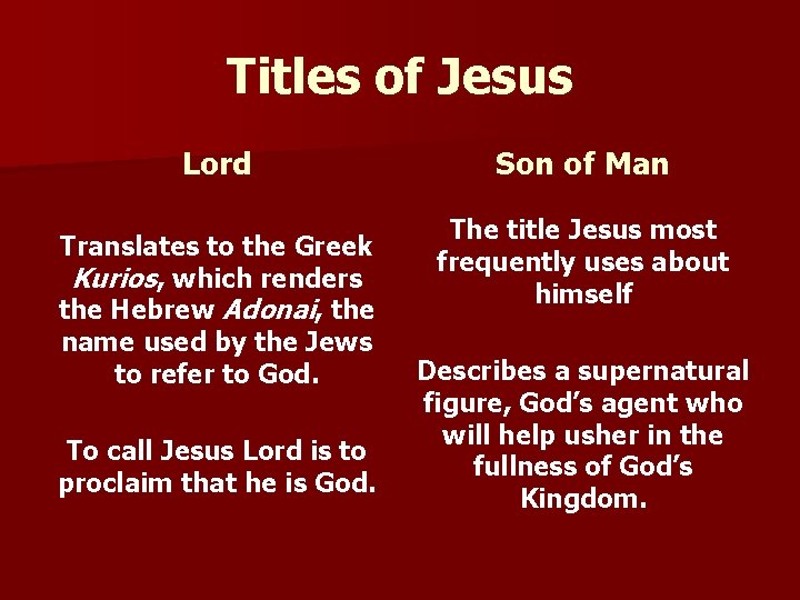 Titles of Jesus Lord Translates to the Greek Kurios, which renders the Hebrew Adonai,