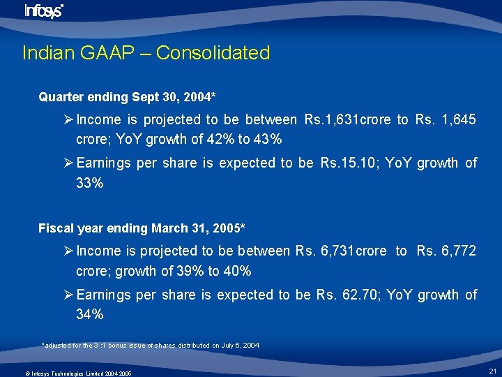 Indian GAAP – Consolidated Quarter ending Sept 30, 2004* Ø Income is projected to