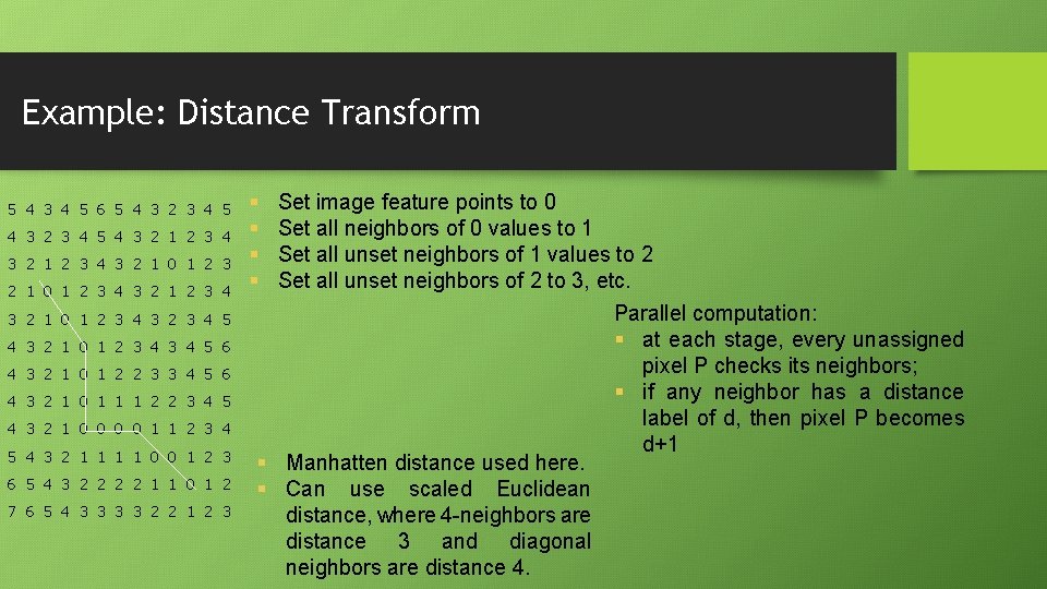 Example: Distance Transform 5 4 3 4 5 6 5 4 3 2 3 Example: Distance Transform 5 4 3 4 5 6 5 4 3 2 3