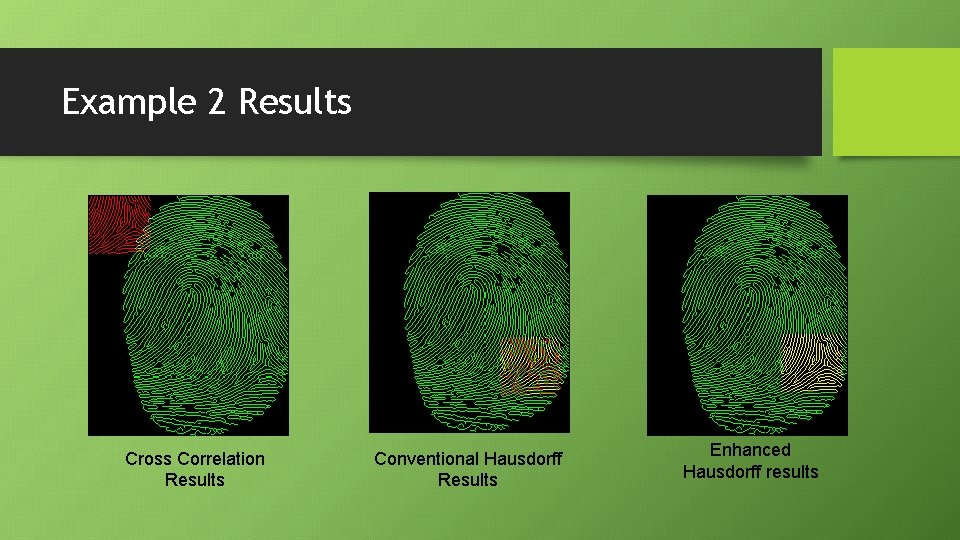 Example 2 Results Cross Correlation Results Conventional Hausdorff Results Enhanced Hausdorff results Example 2 Results Cross Correlation Results Conventional Hausdorff Results Enhanced Hausdorff results