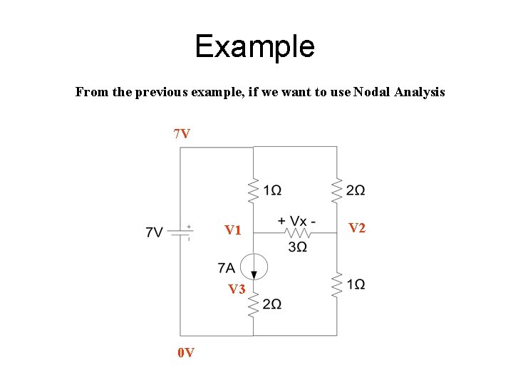Example From the previous example, if we want to use Nodal Analysis 7 V