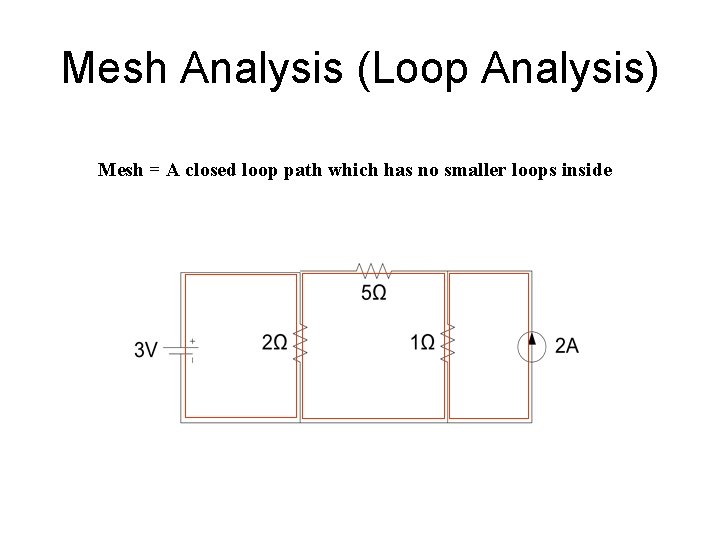 Mesh Analysis (Loop Analysis) Mesh = A closed loop path which has no smaller