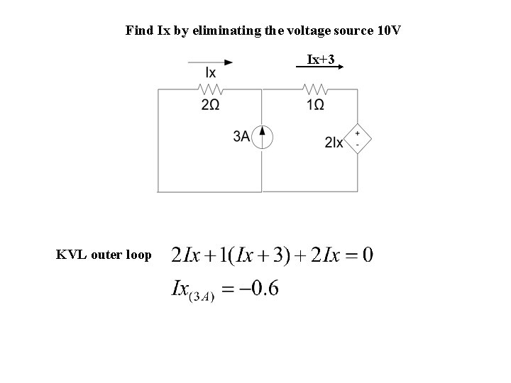 Find Ix by eliminating the voltage source 10 V Ix+3 KVL outer loop 