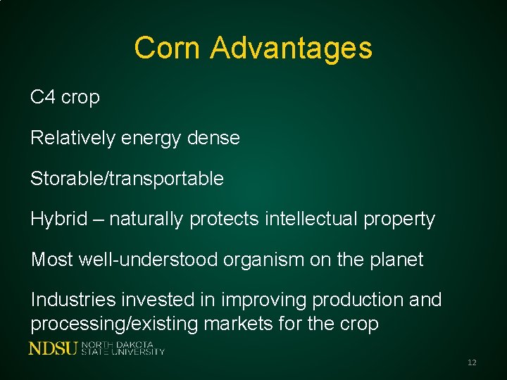 Corn Advantages C 4 crop Relatively energy dense Storable/transportable Hybrid – naturally protects intellectual