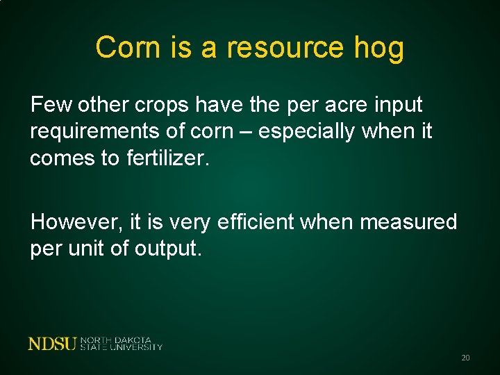 Corn is a resource hog Few other crops have the per acre input requirements