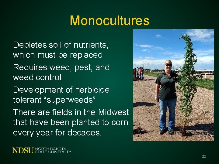 Monocultures Depletes soil of nutrients, which must be replaced Requires weed, pest, and weed