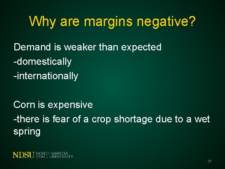 Why are margins negative? Demand is weaker than expected -domestically -internationally Corn is expensive