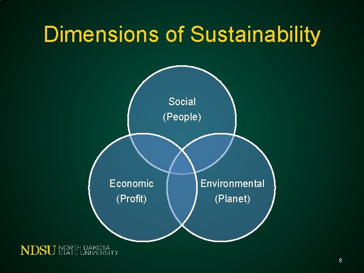 Dimensions of Sustainability Social (People) Economic (Profit) Environmental (Planet) 8 