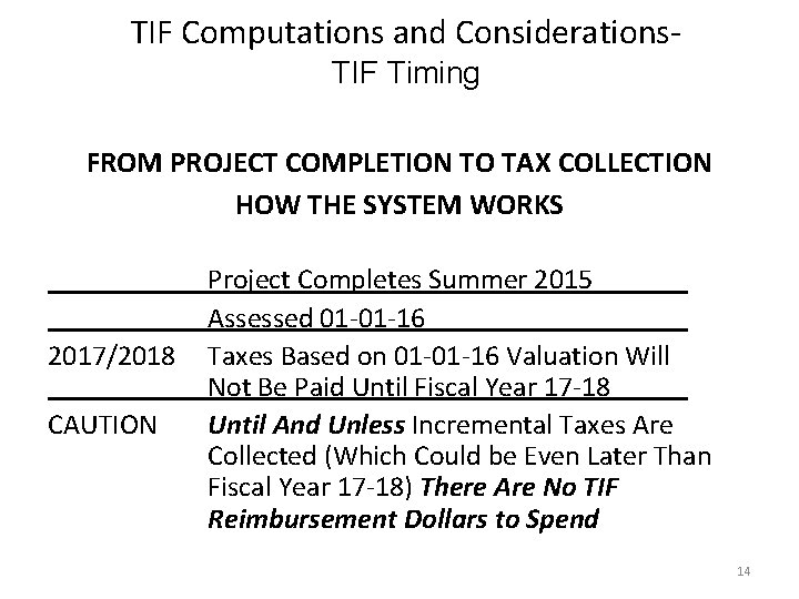 TIF Computations and Considerations- TIF Timing FROM PROJECT COMPLETION TO TAX COLLECTION HOW THE