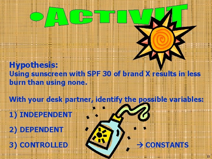 Hypothesis: Using sunscreen with SPF 30 of brand X results in less burn than