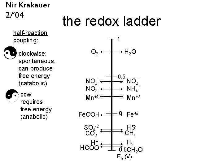 Nir Krakauer 2/’ 04 the redox ladder half-reaction coupling: clockwise: spontaneous, can produce free
