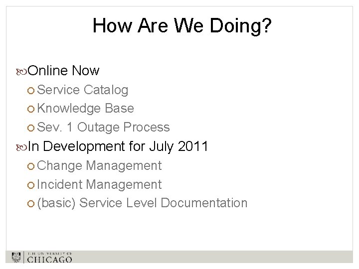 How Are We Doing? Online Now Service Catalog Knowledge Base Sev. 1 Outage Process