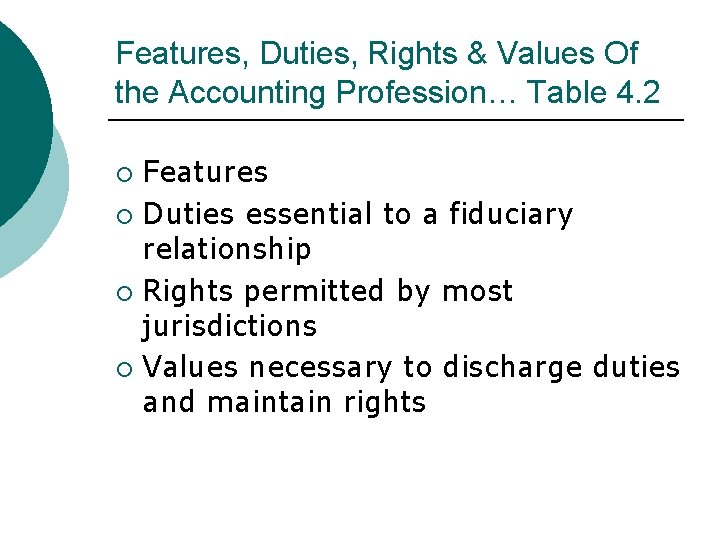 Features, Duties, Rights & Values Of the Accounting Profession… Table 4. 2 Features ¡