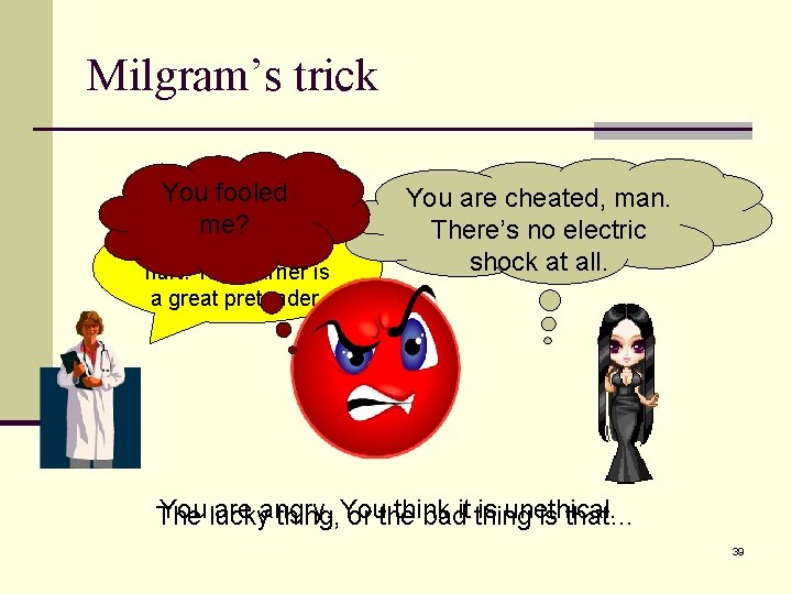 Milgram’s trick You fooled me? No one in fact got hurt. The learner is