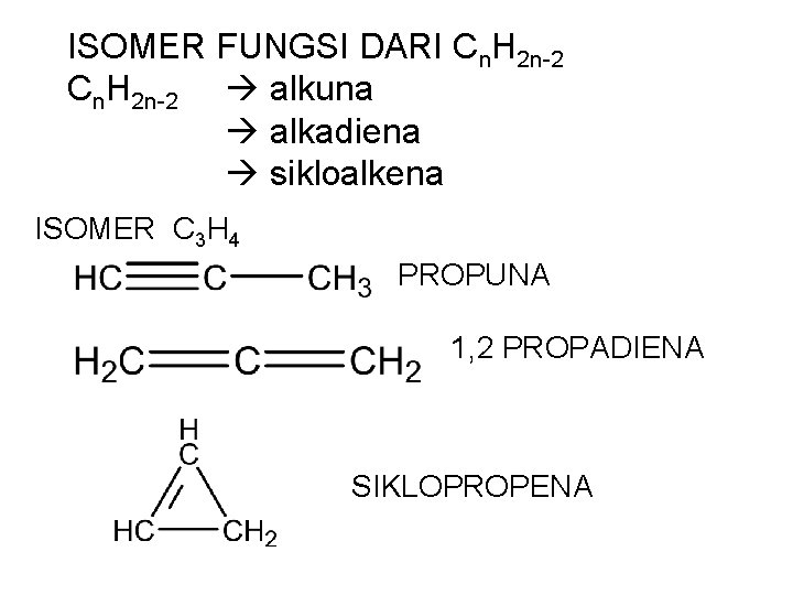 ISOMER FUNGSI DARI Cn. H 2 n-2 alkuna alkadiena sikloalkena ISOMER C 3 H ISOMER FUNGSI DARI Cn. H 2 n-2 alkuna alkadiena sikloalkena ISOMER C 3 H