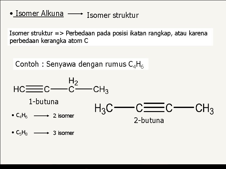 • Isomer Alkuna Isomer struktur => Perbedaan pada posisi ikatan rangkap, atau karena • Isomer Alkuna Isomer struktur => Perbedaan pada posisi ikatan rangkap, atau karena