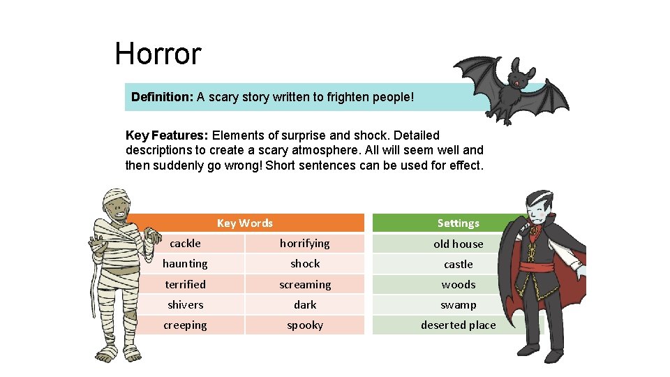 Horror Definition: A scary story written to frighten people! Key Features: Elements of surprise