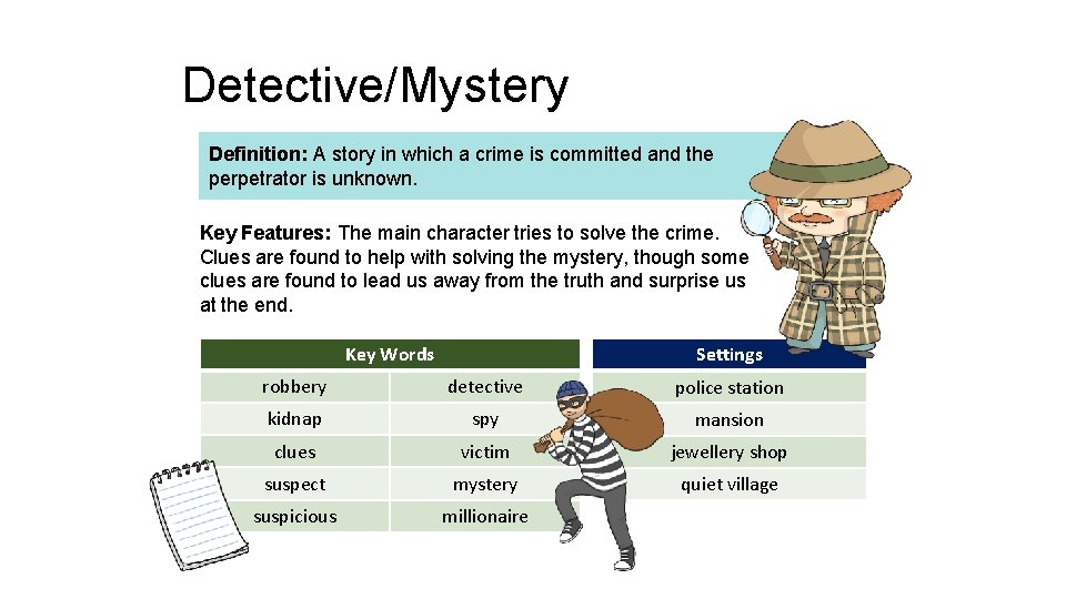 Detective/Mystery Definition: A story in which a crime is committed and the perpetrator is