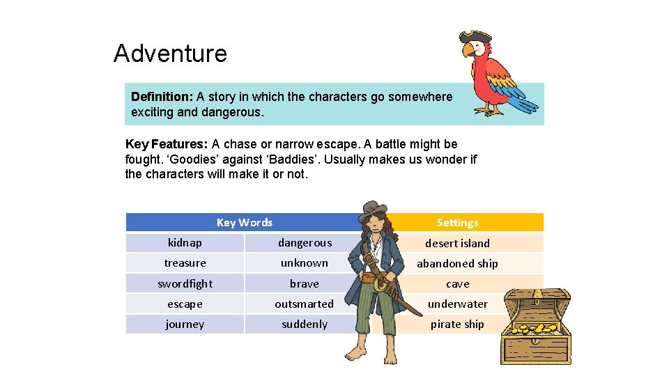 Adventure Definition: A story in which the characters go somewhere exciting and dangerous. Key