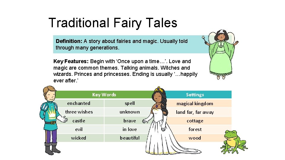 Traditional Fairy Tales Definition: A story about fairies and magic. Usually told through many