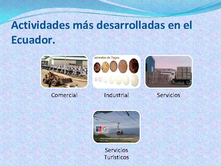 Actividades más desarrolladas en el Ecuador. Comercial Industrial Servicios Turísticos Servicios 