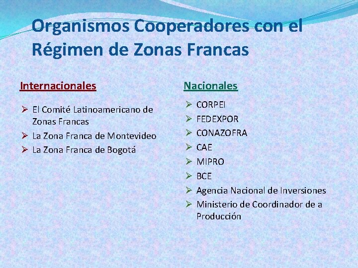 Organismos Cooperadores con el Régimen de Zonas Francas Internacionales Nacionales Ø El Comité Latinoamericano